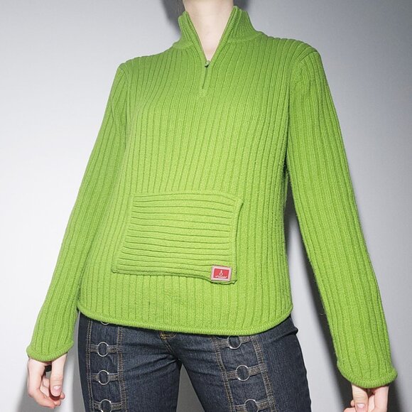 Vintage Y2K comfy bright apple green knit sweater ✦ High neck quarter zip-up top - Picture 3 of 15